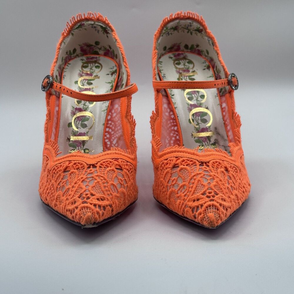 Gucci Virginia Orange Lace Mary Jane Pumps 38 7.5 95mm Crystal Buckle - Picture 7 of 8